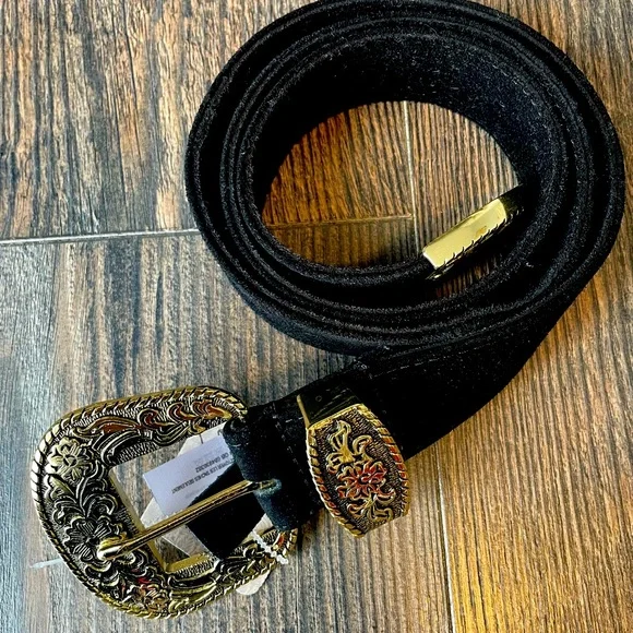 NWT ORNATE FREE PEOPLE GENUINE SUEDE BELT BLACK/GOLD Sz S/M - Picture 5 of 7